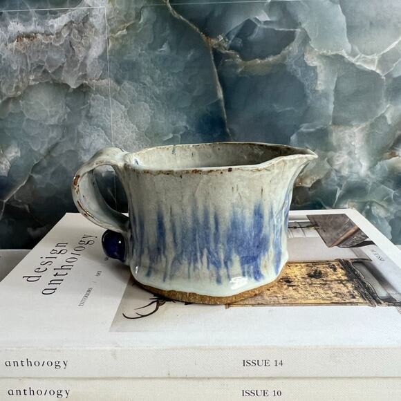 Studio Art Pottery Creamer Cup Handle Blue Gray Stoneware Freeform Drip Glaze - Picture 1 of 8